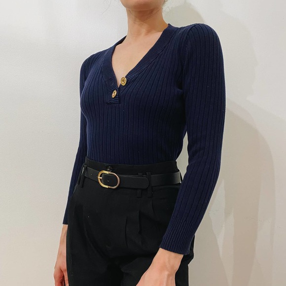 Navy Lauren Jeans Company Fitted Ribbed V Neck Sweater - Picture 6 of 10